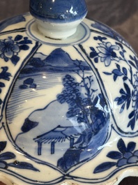 A Chinese blue and white vase and cover with landscapes and flowers, Kangxi