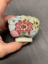 Five Chinese famille rose 'tobacco leaf' cups and saucers, Qianlong