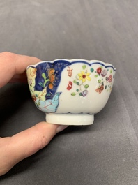 Five Chinese famille rose 'tobacco leaf' cups and saucers, Qianlong