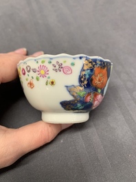 Five Chinese famille rose 'tobacco leaf' cups and saucers, Qianlong