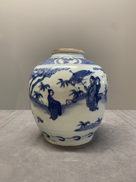 A Chinese blue and white globular vase with figures in a landscape, hare mark, Wanli