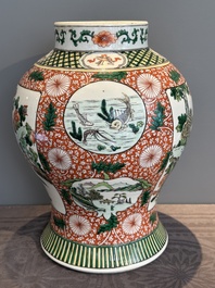 A Chinese famille verte 'mythical animal' vase and two Canton famille rose vases, 19th C.