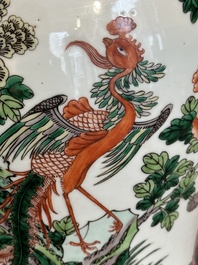 A Chinese famille verte 'mythical animal' vase and two Canton famille rose vases, 19th C.
