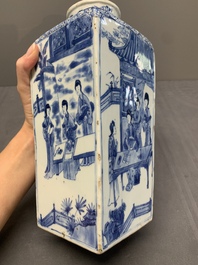 A Chinese blue and white square bottle with figural design, Kangxi