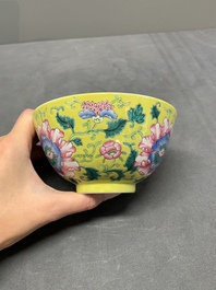 A Chinese famille rose yellow-ground 'peony' bowl, 20th C.