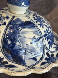 A Chinese blue and white vase and cover with landscapes and flowers, Kangxi