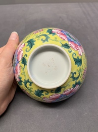 A Chinese famille rose yellow-ground 'peony' bowl, 20th C.