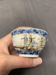 A Chinese export famille rose cup and saucer with a herring merchant, Qianlong