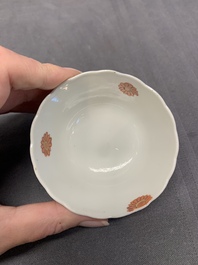 Five Chinese famille rose 'tobacco leaf' cups and saucers, Qianlong