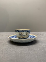 A Chinese export famille rose cup and saucer with a herring merchant, Qianlong