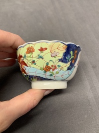 Five Chinese famille rose 'tobacco leaf' cups and saucers, Qianlong