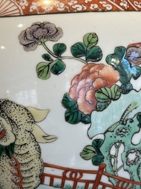 A Chinese famille verte 'mythical animal' vase and two Canton famille rose vases, 19th C.