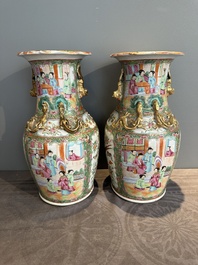 A Chinese famille verte 'mythical animal' vase and two Canton famille rose vases, 19th C.