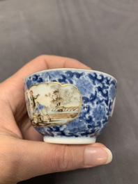 A Chinese export famille rose cup and saucer with a herring merchant, Qianlong