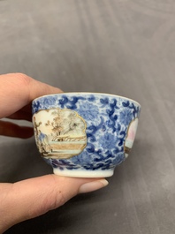 A Chinese export famille rose cup and saucer with a herring merchant, Qianlong