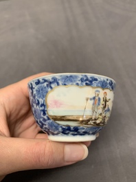 A Chinese export famille rose cup and saucer with a herring merchant, Qianlong