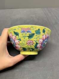A Chinese famille rose yellow-ground 'peony' bowl, 20th C.