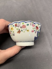 Five Chinese famille rose 'tobacco leaf' cups and saucers, Qianlong