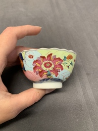 Five Chinese famille rose 'tobacco leaf' cups and saucers, Qianlong