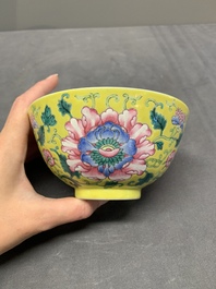A Chinese famille rose yellow-ground 'peony' bowl, 20th C.