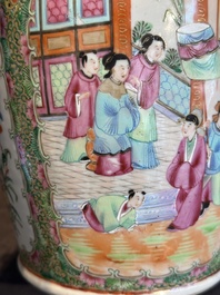 A Chinese famille verte 'mythical animal' vase and two Canton famille rose vases, 19th C.