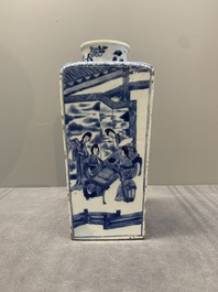 A Chinese blue and white square bottle with figural design, Kangxi