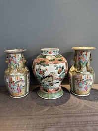 A Chinese famille verte 'mythical animal' vase and two Canton famille rose vases, 19th C.
