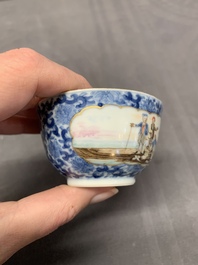 A Chinese export famille rose cup and saucer with a herring merchant, Qianlong