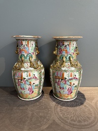 A Chinese famille verte 'mythical animal' vase and two Canton famille rose vases, 19th C.