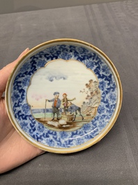 A Chinese export famille rose cup and saucer with a herring merchant, Qianlong
