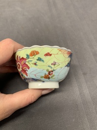Five Chinese famille rose 'tobacco leaf' cups and saucers, Qianlong