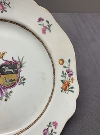A Chinese famille rose armorial plate with the arms of Nauta Beuckens and Swalue accoll&eacute; for the Dutch market, Qianlong, ca. 1763