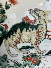 A Chinese famille verte 'mythical animal' vase and two Canton famille rose vases, 19th C.