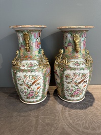 A Chinese famille verte 'mythical animal' vase and two Canton famille rose vases, 19th C.