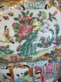 A pair of Chinese Canton famille rose vases with narrative design, 19th C.