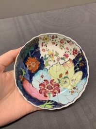 Five Chinese famille rose 'tobacco leaf' cups and saucers, Qianlong