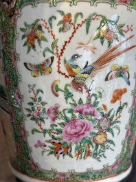 A Chinese famille verte 'mythical animal' vase and two Canton famille rose vases, 19th C.