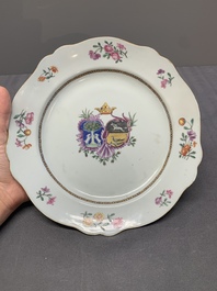 A Chinese famille rose armorial plate with the arms of Nauta Beuckens and Swalue accoll&eacute; for the Dutch market, Qianlong, ca. 1763