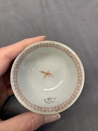 Three Chinese famille rose 'flowers and butterflies' cups and saucers, Yongzheng