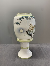 A Chinese polychrome-decorated eggshell 'monkeys' lantern on stand, 20th C.