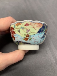Five Chinese famille rose 'tobacco leaf' cups and saucers, Qianlong