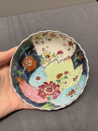 Five Chinese famille rose 'tobacco leaf' cups and saucers, Qianlong