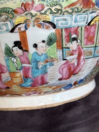 A pair of Chinese Canton famille rose vases with narrative design, 19th C.
