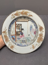 A Chinese famille rose 'lady and boy' plate, Yongzheng/Qianlong