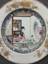 A Chinese famille rose 'lady and boy' plate, Yongzheng/Qianlong