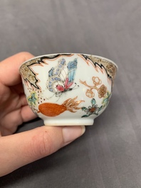 Three Chinese famille rose 'flowers and butterflies' cups and saucers, Yongzheng