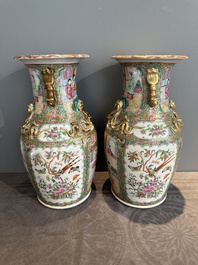 A Chinese famille verte 'mythical animal' vase and two Canton famille rose vases, 19th C.
