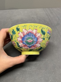 A Chinese famille rose yellow-ground 'peony' bowl, 20th C.