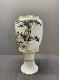 A Chinese polychrome-decorated eggshell 'monkeys' lantern on stand, 20th C.