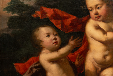 Flemish School: Two putti with a bunch of grapes, oil on canvas, late 17th C.